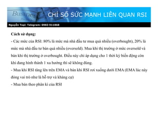 Nguyễn Toại: Telegram: 0983 911868
CHỈ SỐ SỨC MẠNH LIÊN QUAN RSI
Cách sử dụng:
- Các mức của RSI: 80% là mức mà nhà đầu tư mua quá nhiều (overbought), 20% là
mức mà nhà đầu tư bán quá nhiều (oversold). Mua khi thị trường ở mức oversold và
bán khi thị trường ở overbought. Điều này chỉ áp dụng cho 1 thời kỳ biến động còn
khi đang hình thành 1 xu hướng thì sẽ không đúng.
- Mua khi RSI tăng lên trên EMA và bán khi RSI rơi xuống dưới EMA (EMA lúc này
đóng vai trò như là hỗ trợ và kháng cự)
- Mua bán theo phân kì của RSI
 
