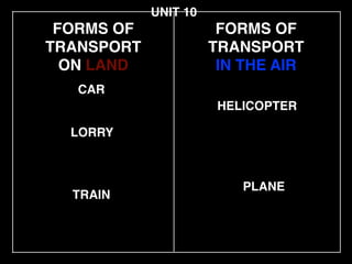 FORMS OF
TRANSPORT!
ON LAND
LORRY
CAR
HELICOPTER
UNIT 10
TRAIN
PLANE
FORMS OF
TRANSPORT!
IN THE AIR
 
