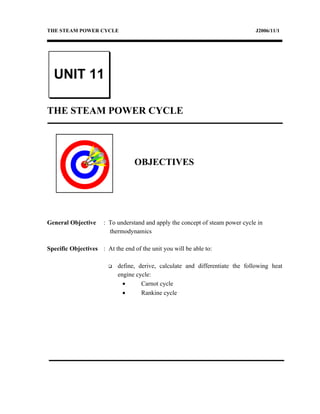 THE STEAM POWER CYCLE                                                           J2006/11/1




  UNIT 11

THE STEAM POWER CYCLE




                                  OBJECTIVES




General Objective     : To understand and apply the concept of steam power cycle in
                        thermodynamics

Specific Objectives : At the end of the unit you will be able to:

                           define, derive, calculate and differentiate the following heat
                            engine cycle:
                              •      Carnot cycle
                              •      Rankine cycle
 