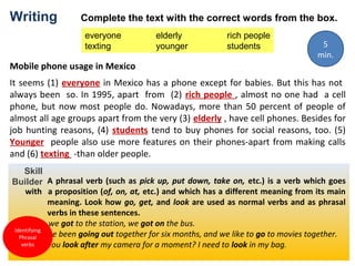 Writing

Complete the text with the correct words from the box.
everyone
texting

Mobile phone usage in Mexico

elderly
younger

rich people
students

5
min.

It seems (1) everyone in Mexico has a phone except for babies. But this has not
always been so. In 1995, apart from (2) rich people , almost no one had a cell
phone, but now most people do. Nowadays, more than 50 percent of people of
almost all age groups apart from the very (3) elderly , have cell phones. Besides for
job hunting reasons, (4) students tend to buy phones for social reasons, too. (5)
Younger people also use more features on their phones-apart from making calls
and (6) texting -than older people.
Skill
Builder A phrasal verb (such as pick up, put down, take on, etc.) is a verb which goes
with a proposition (of, on, at, etc.) and which has a different meaning from its main
meaning. Look how go, get, and look are used as normal verbs and as phrasal
verbs in these sentences.
When we got to the station, we got on the bus.
Identifying
We
Phrasal have been going out together for six months, and we like to go to movies together.
verbs
Could you look after my camera for a moment? I need to look in my bag.

 