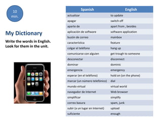 10
min.

Spanish

English

actualizar

to update

apagar

switch off

aparte de

apart from , besides

My Dictionary

aplicación de software

software application

Write the words in English.
Look for them in the unit.

buzón de correo

mainbox

característica

feature

colgar el teléfono

hang up

comunicarse con alguien

get trough to someone

desconectar

disconnect

dominar

dominic

emergencia

emergency

esperar (en el teléfono)

hold on (on the phone)

marcar (un número telefónico)

dial

mundo virtual

virtual world

navegador de Internet

Web browser

simplificar

simplify

correo basura

spam, junk

subir (a un lugar en Internet)

upload

suficiente

enough

 