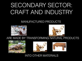 SECONDARY SECTOR:
CRAFT AND INDUSTRY
MANUFACTURED PRODUCTS
ARE MADE BY TRANSFORMING NATURAL PRODUCTS
INTO OTHER MATERIALS
 