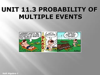 Holt Algebra 1
UNIT 11.3 PROBABILITY OFUNIT 11.3 PROBABILITY OF
MULTIPLE EVENTSMULTIPLE EVENTS
 