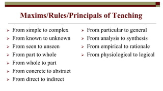 Maxims/Rules/Principals of Teaching
 From simple to complex
 From known to unknown
 From seen to unseen
 From part to whole
 From whole to part
 From concrete to abstract
 From direct to indirect
 From particular to general
 From analysis to synthesis
 From empirical to rationale
 From physiological to logical
 