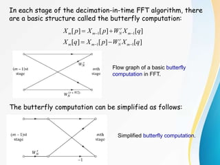 In each stage of the decimation-in-time FFT algorithm, there
are a basic structure called the butterfly computation:
The butterfly computation can be simplified as follows:
Flow graph of a basic butterfly
computation in FFT.
Simplified butterfly computation.
]
[
]
[
]
[
]
[
]
[
]
[
1
1
1
1
q
X
W
p
X
q
X
q
X
W
p
X
p
X
m
r
N
m
m
m
r
N
m
m








 