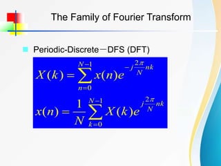 The Family of Fourier Transform
 Periodic-Discrete－DFS (DFT)









1
0
2
1
0
2
)
(
1
)
(
)
(
)
(
N
k
nk
N
j
N
n
nk
N
j
e
k
X
N
n
x
e
n
x
k
X


 