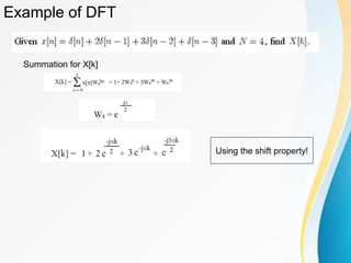 Example of DFT
Summation for X[k]
Using the shift property!
 