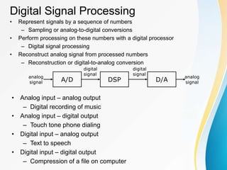 Digital Signal Processing
• Represent signals by a sequence of numbers
– Sampling or analog-to-digital conversions
• Perform processing on these numbers with a digital processor
– Digital signal processing
• Reconstruct analog signal from processed numbers
– Reconstruction or digital-to-analog conversion
A/D DSP D/A
analog
signal
analog
signal
digital
signal
digital
signal
• Analog input – analog output
– Digital recording of music
• Analog input – digital output
– Touch tone phone dialing
• Digital input – analog output
– Text to speech
• Digital input – digital output
– Compression of a file on computer
 