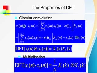 The Properties of DFT
 Circular convolution
)
(
)
(
)
(
))
((
)
(
)
(
))
((
)
(
)
(
)
(
1
2
1
0
1
2
1
0
2
1
2
1
n
x
n
x
n
R
m
n
x
m
x
n
R
m
n
x
m
x
n
x
n
x
N
N
m
N
N
N
m
N























N
N
)
(
)
(
)]
(
)
(
[
DFT 2
1
2
1 k
X
k
X
n
x
n
x 
N
)
(
)
(
1
)]
(
)
(
[
DFT 2
1
2
1 k
X
k
X
N
n
x
n
x 
 N
 Multiplication
 