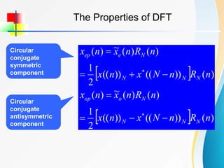 The Properties of DFT
 
  )
(
))
((
))
((
2
1
)
(
)
(
~
)
(
)
(
))
((
))
((
2
1
)
(
)
(
~
)
(
n
R
n
N
x
n
x
n
R
n
x
n
x
n
R
n
N
x
n
x
n
R
n
x
n
x
N
N
N
N
o
op
N
N
N
N
e
ep










Circular
conjugate
symmetric
component
Circular
conjugate
antisymmetric
component
 