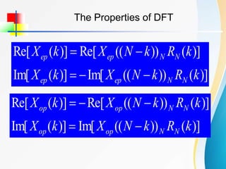 The Properties of DFT
)]
(
))
((
Im[
)]
(
Im[
)]
(
))
((
Re[
)]
(
Re[
k
R
k
N
X
k
X
k
R
k
N
X
k
X
N
N
ep
ep
N
N
ep
ep





)]
(
))
((
Im[
)]
(
Im[
)]
(
))
((
Re[
)]
(
Re[
k
R
k
N
X
k
X
k
R
k
N
X
k
X
N
N
op
op
N
N
op
op





 