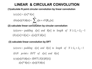 ]
[
*
]
[
]
[
)
( n
h
n
x
n
y
a 
(2) calculate linear convolution by circular convolution
1
]
[
]
[
)
( 2
1 


 L
L
N
of
length
to
n
h
and
n
x
padding
zero
a
1
]
[
]
[
)
( 2
1 


 L
L
N
of
length
to
n
h
and
n
x
padding
zero
a
(1)calculate N point circular convolution by linear convolution
(3) calculate linear convolution by DFT
]
[
]
[
]
[
)
](
[
)
( n
R
rN
n
y
n
h
N
n
x
b N
r






]
[
)
](
[
]
[
]
[
)
( n
h
N
n
x
n
h
n
x
b 

]
[
]
[
int
)
( n
h
and
n
x
of
D FT
s
po
N
b
]
[
)
](
[
]
[
*
]
[
]}
[
]
[
{
]
[
)
](
[
)
(
n
h
N
n
x
n
h
n
x
k
H
k
X
IDFT
n
h
N
n
x
c


LINEAR & CIRCULAR CONVOLUTION
 