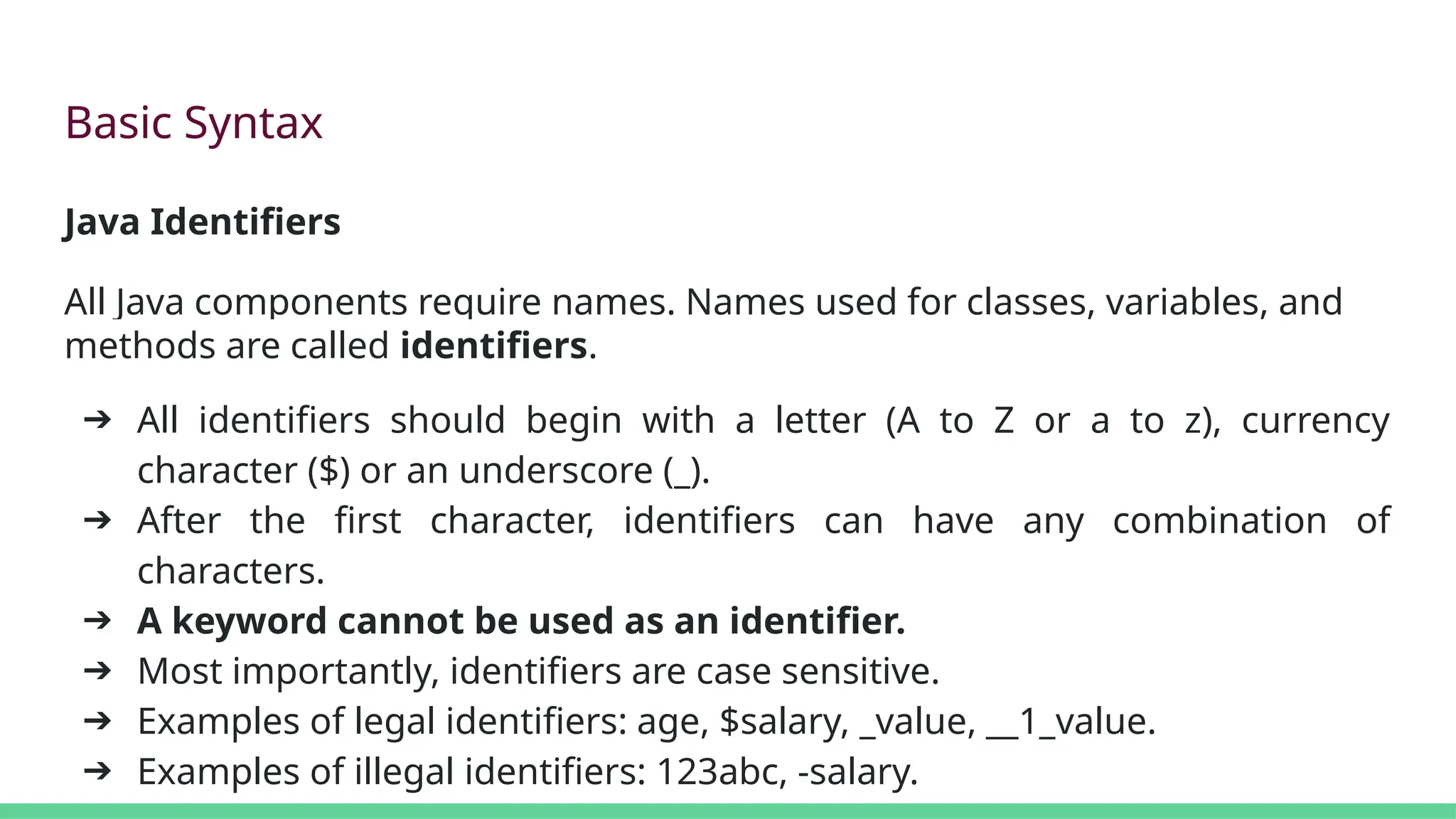 Basic Syntax
Java Identifiers
All Java components require names. Names used for classes, variables, and
methods are called identifiers.
➔ All identifiers should begin with a letter (A to Z or a to z), currency
character ($) or an underscore (_).
➔ After the first character, identifiers can have any combination of
characters.
➔ A keyword cannot be used as an identifier.
➔ Most importantly, identifiers are case sensitive.
➔ Examples of legal identifiers: age, $salary, _value, __1_value.
➔ Examples of illegal identifiers: 123abc, -salary.
 