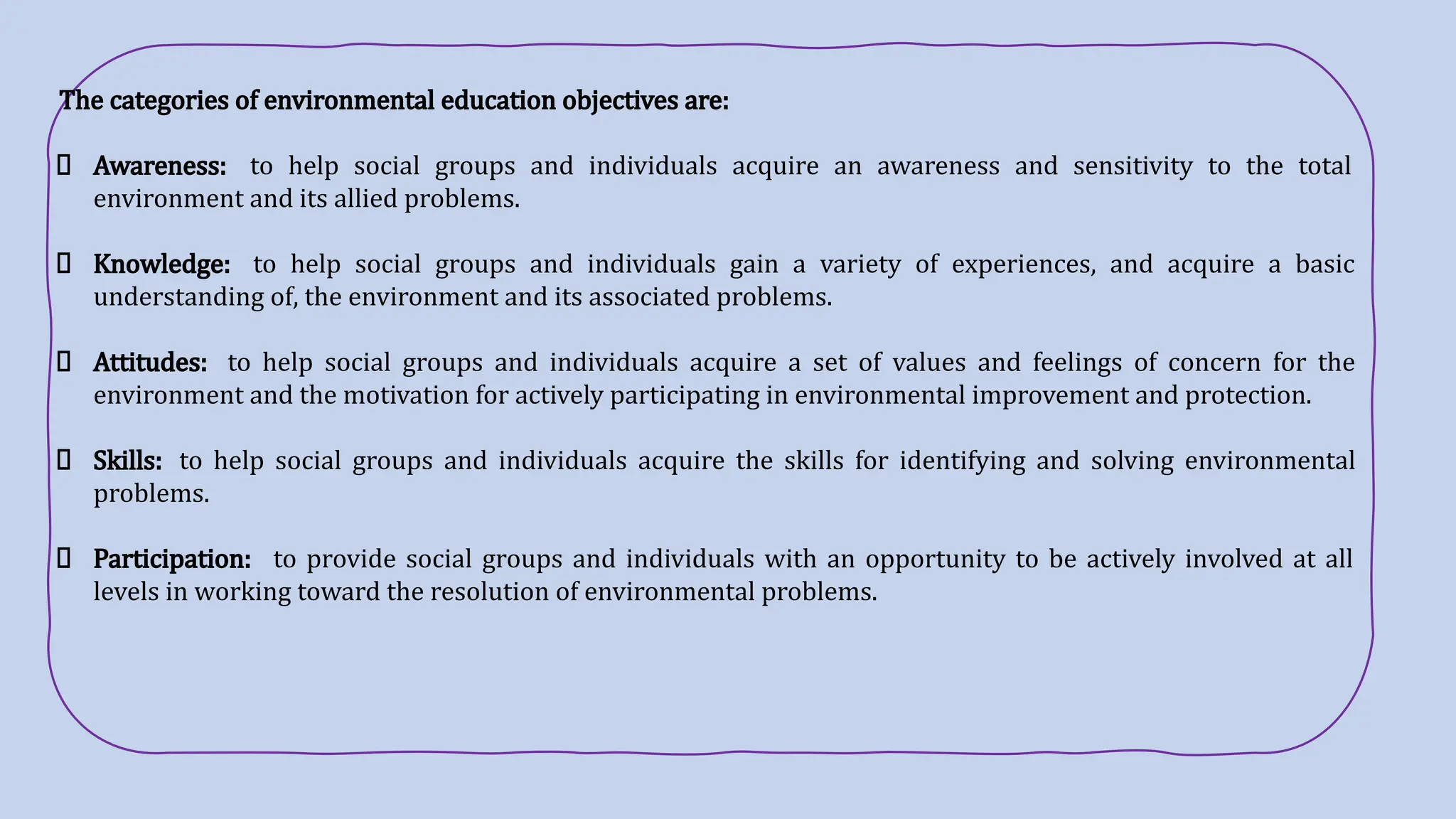 The categories of environmental education objectives are:
Awareness: to help social groups and individuals acquire an awareness and sensitivity to the total
environment and its allied problems.
Knowledge: to help social groups and individuals gain a variety of experiences, and acquire a basic
understanding of, the environment and its associated problems.
Attitudes: to help social groups and individuals acquire a set of values and feelings of concern for the
environment and the motivation for actively participating in environmental improvement and protection.
Skills: to help social groups and individuals acquire the skills for identifying and solving environmental
problems.
Participation: to provide social groups and individuals with an opportunity to be actively involved at all
levels in working toward the resolution of environmental problems.
 