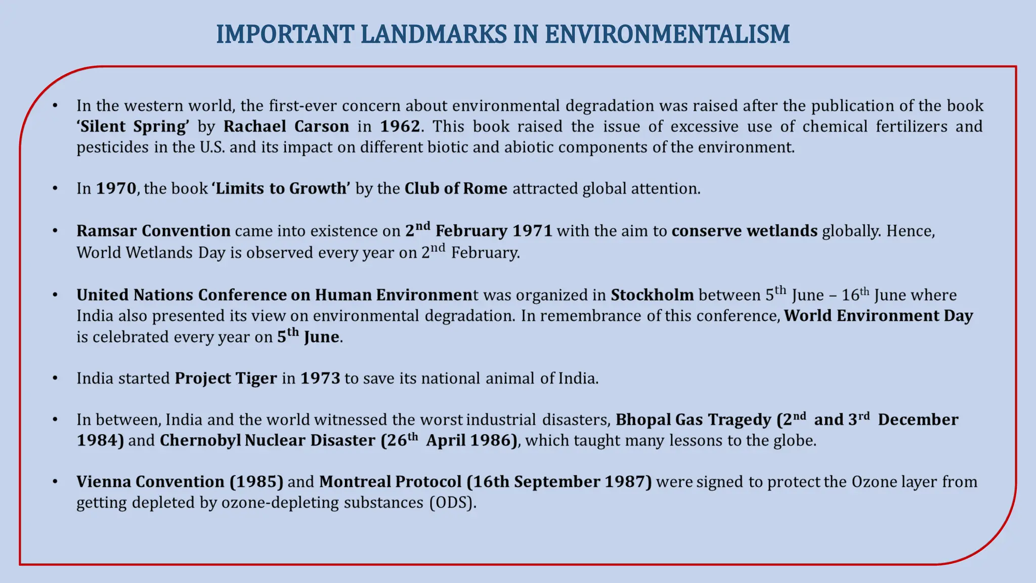 IMPORTANT LANDMARKS IN ENVIRONMENTALISM
 