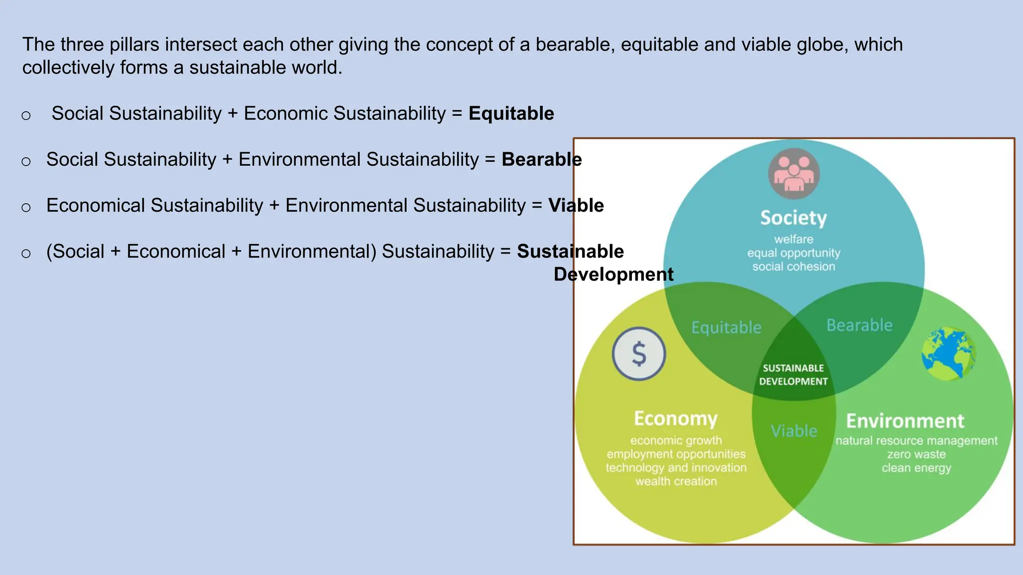 The three pillars intersect each other giving the concept of a bearable, equitable and viable globe, which
collectively forms a sustainable world.
o Social Sustainability + Economic Sustainability = Equitable
o Social Sustainability + Environmental Sustainability = Bearable
o Economical Sustainability + Environmental Sustainability = Viable
o (Social + Economical + Environmental) Sustainability = Sustainable
Development
 