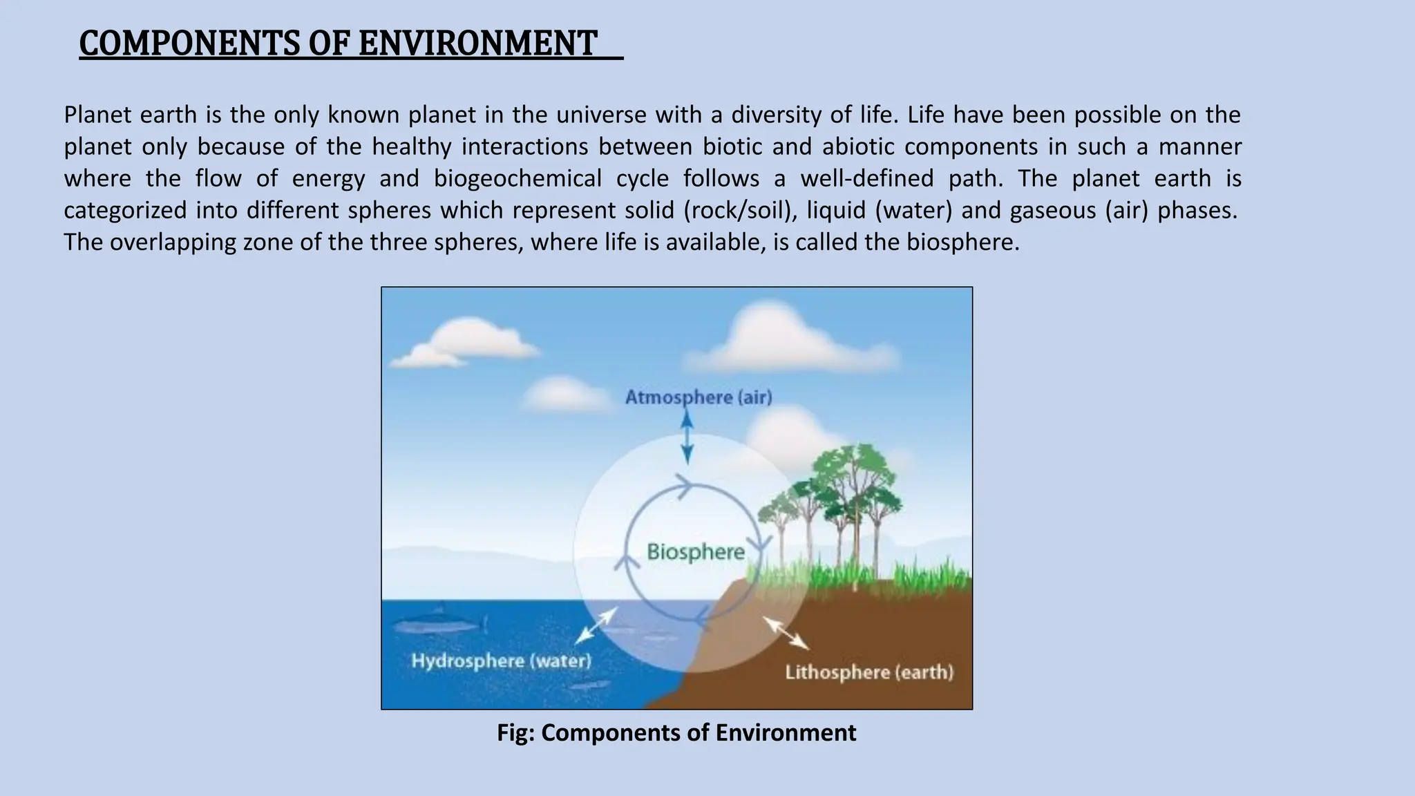 COMPONENTS OF ENVIRONMENT
Planet earth is the only known planet in the universe with a diversity of life. Life have been possible on the
planet only because of the healthy interactions between biotic and abiotic components in such a manner
where the flow of energy and biogeochemical cycle follows a well-defined path. The planet earth is
categorized into different spheres which represent solid (rock/soil), liquid (water) and gaseous (air) phases.
The overlapping zone of the three spheres, where life is available, is called the biosphere.
Fig: Components of Environment
 