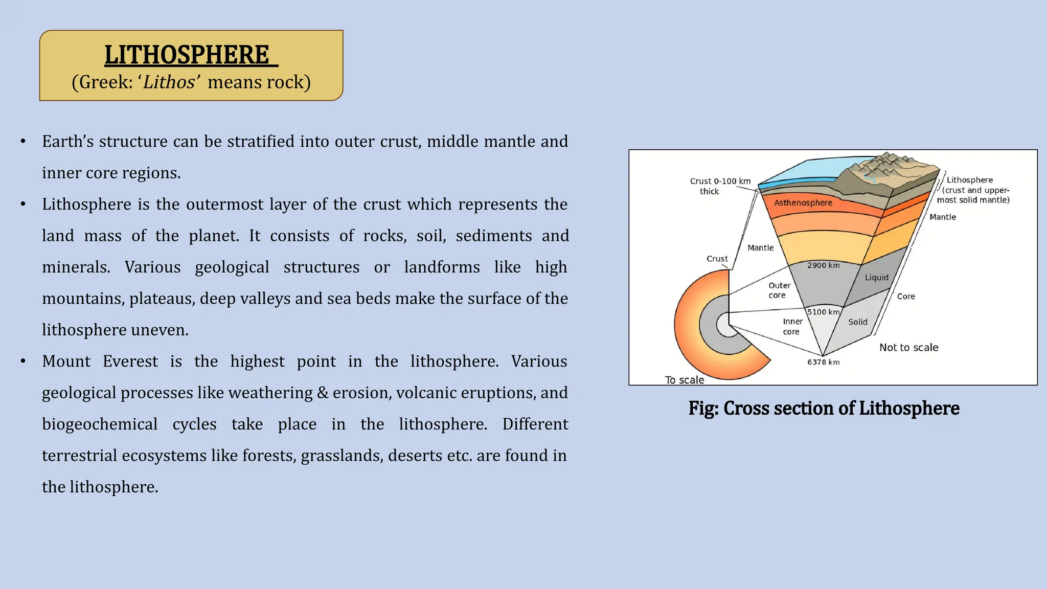 LITHOSPHERE
(Greek: ‘Lithos’ means rock)
• Earth’s structure can be stratified into outer crust, middle mantle and
inner core regions.
• Lithosphere is the outermost layer of the crust which represents the
land mass of the planet. It consists of rocks, soil, sediments and
minerals. Various geological structures or landforms like high
mountains, plateaus, deep valleys and sea beds make the surface of the
lithosphere uneven.
• Mount Everest is the highest point in the lithosphere. Various
geological processes like weathering & erosion, volcanic eruptions, and
biogeochemical cycles take place in the lithosphere. Different
terrestrial ecosystems like forests, grasslands, deserts etc. are found in
the lithosphere.
Fig: Cross section of Lithosphere
 