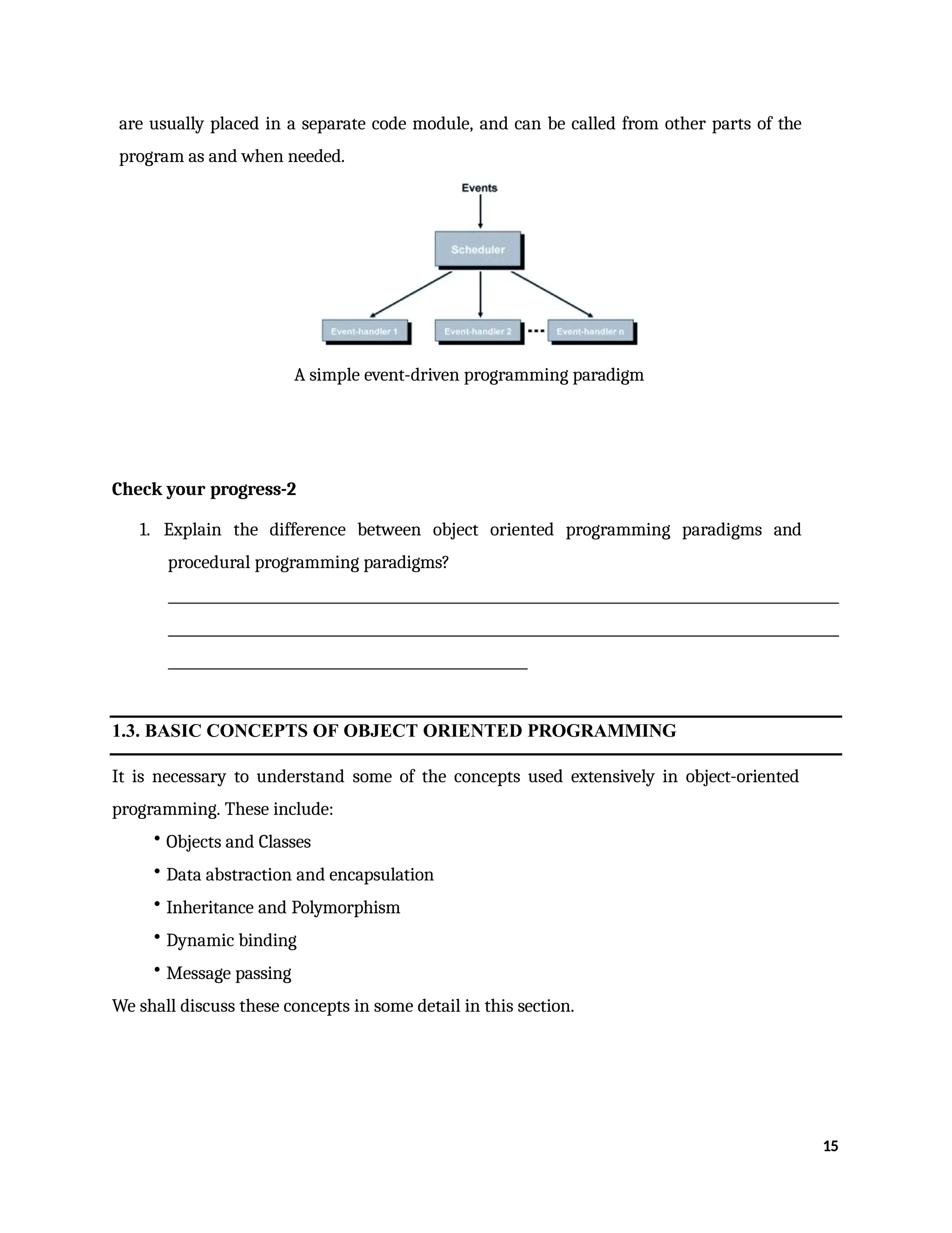 are usually placed in a separate code module, and can be called from other parts of the
program as and when needed.
A simple event-driven programming paradigm
Check your progress-2
1. Explain the difference between object oriented programming paradigms and
procedural programming paradigms?
1.3. BASIC CONCEPTS OF OBJECT ORIENTED PROGRAMMING
It is necessary to understand some of the concepts used extensively in object-oriented
programming. These include:
• Objects and Classes
• Data abstraction and encapsulation
• Inheritance and Polymorphism
• Dynamic binding
• Message passing
We shall discuss these concepts in some detail in this section.
15
 