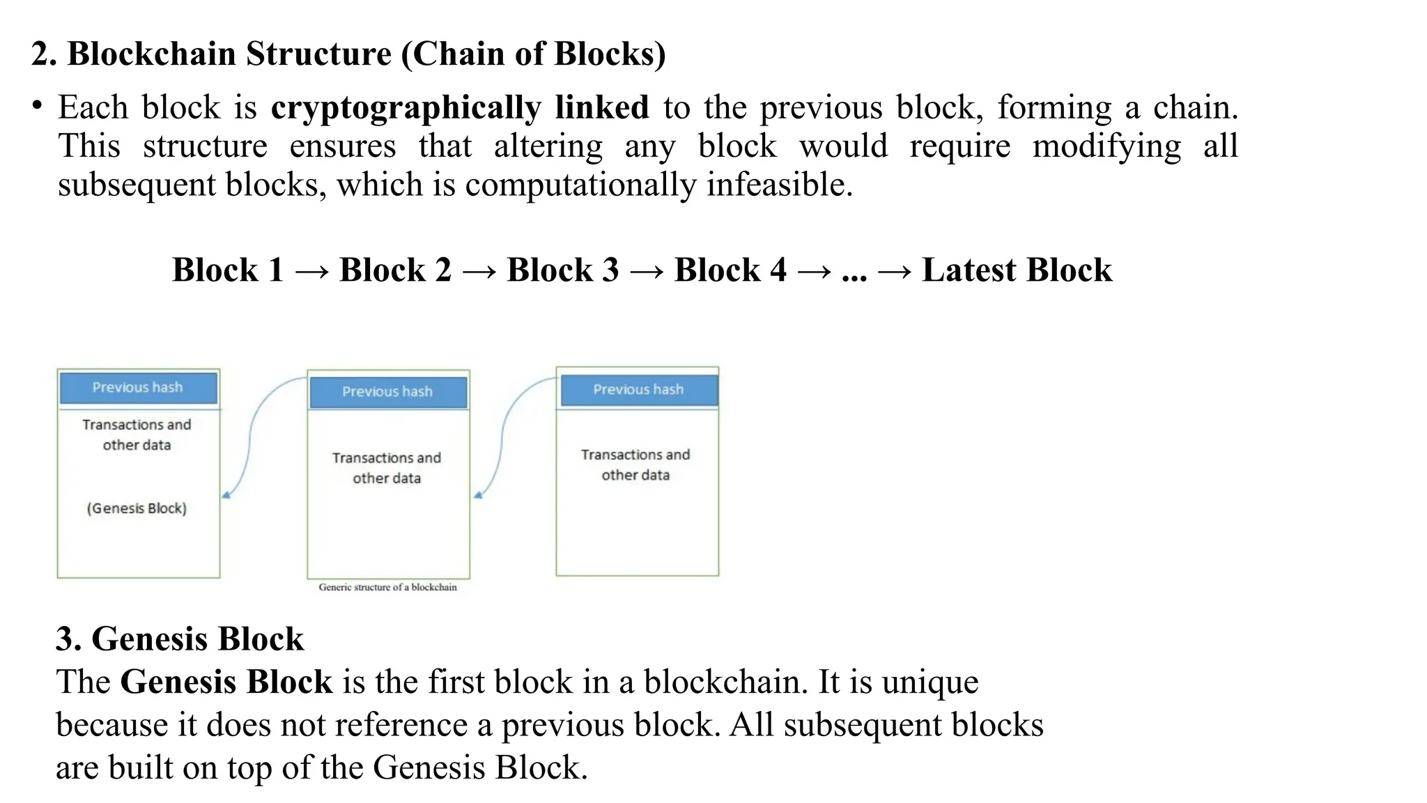 2. Blockchain Structure (Chain of Blocks)
• Each block is cryptographically linked to the previous block, forming a chain.
This structure ensures that altering any block would require modifying all
subsequent blocks, which is computationally infeasible.
Block 1 → Block 2 → Block 3 → Block 4 → ... → Latest Block
3. Genesis Block
The Genesis Block is the first block in a blockchain. It is unique
because it does not reference a previous block. All subsequent blocks
are built on top of the Genesis Block.
 