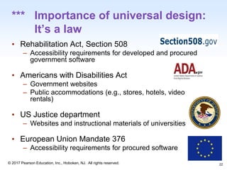 1-22
© 2017 Pearson Education, Inc., Hoboken, NJ. All rights reserved.
*** Importance of universal design:
It’s a law
• Rehabilitation Act, Section 508
– Accessibility requirements for developed and procured
government software
• Americans with Disabilities Act
– Government websites
– Public accommodations (e.g., stores, hotels, video
rentals)
• US Justice department
– Websites and instructional materials of universities
• European Union Mandate 376
– Accessibility requirements for procured software
22
 