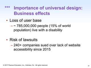 1-24
© 2017 Pearson Education, Inc., Hoboken, NJ. All rights reserved.
*** Importance of universal design:
Business effects
• Loss of user base
– ~ 785,000,000 people (15% of world
population) live with a disability
• Risk of lawsuits
– 240+ companies sued over lack of website
accessibility since 2015
24
 