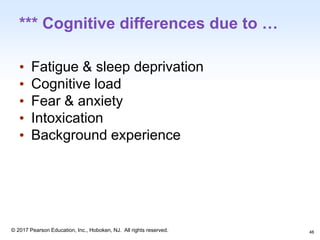 1-46
© 2017 Pearson Education, Inc., Hoboken, NJ. All rights reserved.
*** Cognitive differences due to …
• Fatigue & sleep deprivation
• Cognitive load
• Fear & anxiety
• Intoxication
• Background experience
46
 