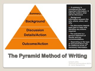  A summary is
                 considered the most
                 important information. It
    Summary      tells the readers what
                 will be discussed.
                  Background
                 information answers the
 Background      who, where, when, and
                 why.
                  The discussion depicts
                 each item or topic and
 Discussion      identifies any actions
                 required.
                  The outcome is a
Details/Action   general statement of
                 results and any
                 recommendations.
                  Depending on the type
Outcome/Action   of document there may
                 be additional levels of
                 necessary information.




                 Kimberly Gilles
                 Technical Communications BS310
                 Dr. Janice Spangenburg
 