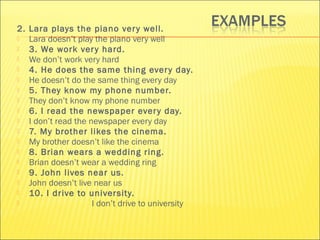 2. Lara plays the piano ver y well. 
 Lara doesn’t play the piano very well 
 3. We work ver y hard. 
 We don’t work very hard 
 4. He does the same thing ever y day. 
 He doesn’t do the same thing every day 
 5. They know my phone number. 
 They don’t know my phone number 
 6. I read the newspaper ever y day. 
 I don’t read the newspaper every day 
 7. My brother likes the cinema. 
 My brother doesn’t like the cinema 
 8. Brian wears a wedding ring. 
 Brian doesn’t wear a wedding ring 
 9. John lives near us. 
 John doesn’t live near us 
 10. I drive to university. 
 I don’t drive to university 
 