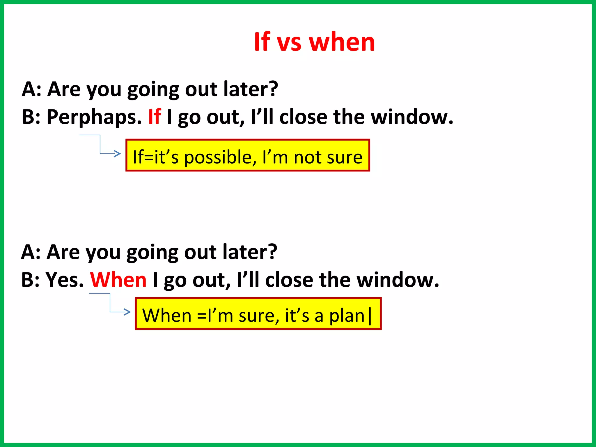If vs when
A: Are you going out later?
B: Perphaps. If I go out, I’ll close the window.
            If=it’s possible, I’m not sure



A: Are you going out later?
B: Yes. When I go out, I’ll close the window.
             When =I’m sure, it’s a plan|
 