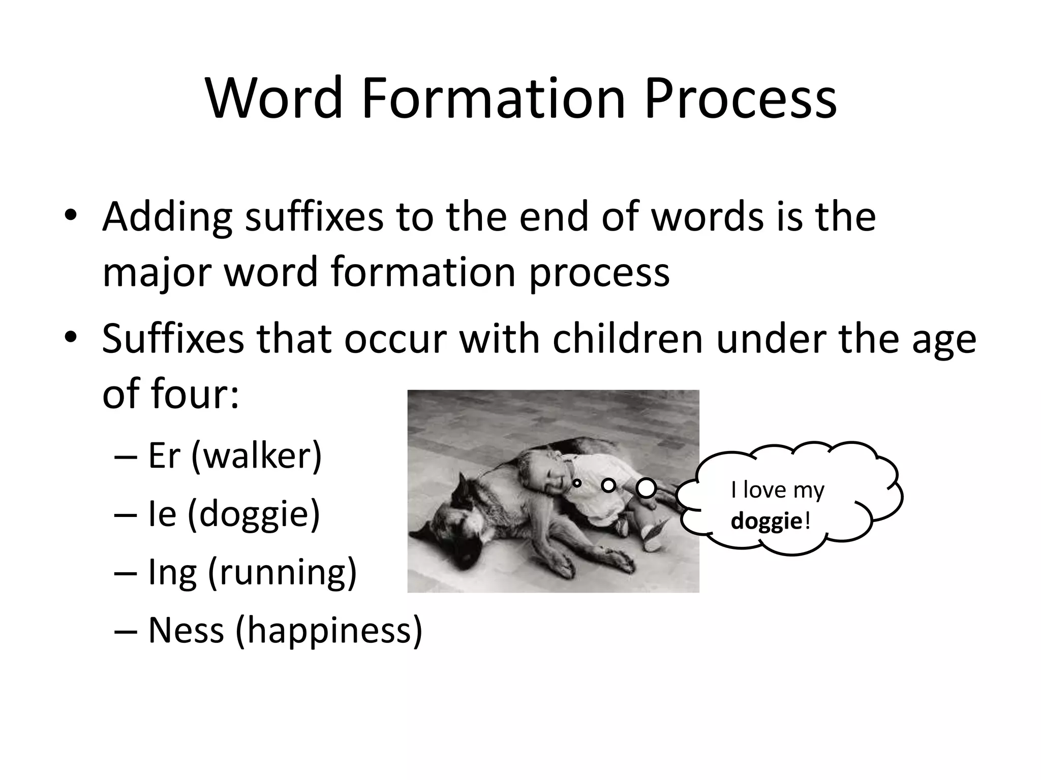 Word Formation Process
• Adding suffixes to the end of words is the
  major word formation process
• Suffixes that occur with children under the age
  of four:
  – Er (walker)
                                   I love my
  – Ie (doggie)                    doggie!

  – Ing (running)
  – Ness (happiness)
 