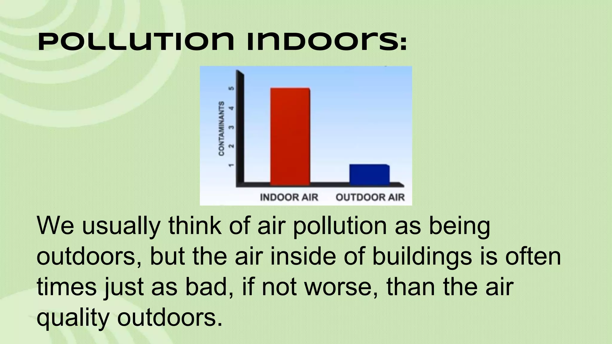 Pollution Indoors:

We usually think of air pollution as being
outdoors, but the air inside of buildings is often
times just as bad, if not worse, than the air
quality outdoors.

 
