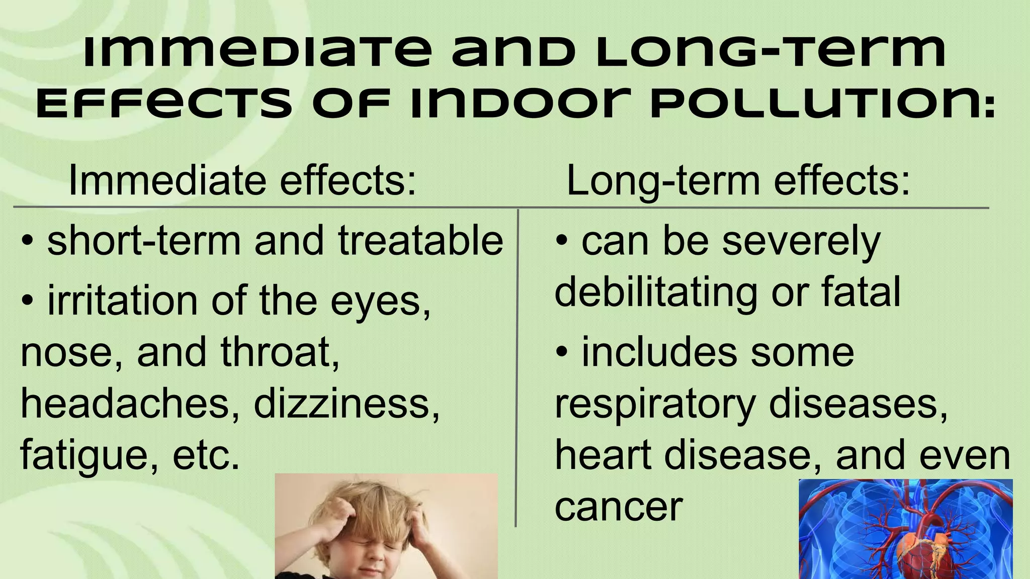 Immediate and Long-Term
Effects of Indoor Pollution:
Immediate effects:
• short-term and treatable
• irritation of the eyes,
nose, and throat,
headaches, dizziness,
fatigue, etc.

Long-term effects:
• can be severely
debilitating or fatal
• includes some
respiratory diseases,
heart disease, and even
cancer

 