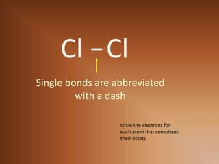 ClClSingle bonds are abbreviatedwith a dashcircle the electrons foreach atom that completestheir octets