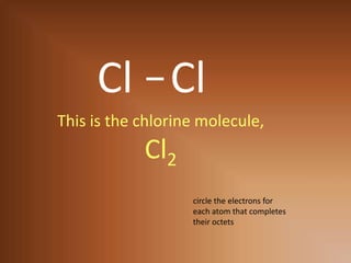 ClClThis is the chlorine molecule,Cl2circle the electrons foreach atom that completestheir octets