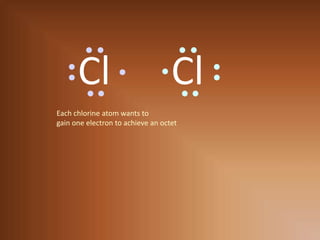 ClClEach chlorine atom wants to gain one electron to achieve an octet