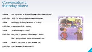 Conversation 1
(birthday plans)
Anggie : Are you going to do anything exciting this weekend?
Christine : Well, l'm going to celebrate my birthday.
Angie : Oh, happy birthday! When is it, exactly?
Christine : It's August ninth - Sunday.
Angie : So what are your plans?
Christine : l'm going to go to my friend Kayla's house.
She's going to cook a special dinner for me.
Angie : Nice! Is she going to bake a cake, too?
Christine : Bake a cake? Oh l'm not sure .
7
 