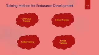 Training Method for Endurance Development
Continuous
Training
Circuit
Training
Fartlek Training
Interval Training
17
 