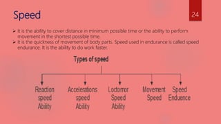 Speed
 It is the ability to cover distance in minimum possible time or the ability to perform
movement in the shortest possible time.
 It is the quickness of movement of body parts. Speed used in endurance is called speed
endurance. It is the ability to do work faster.
24
 