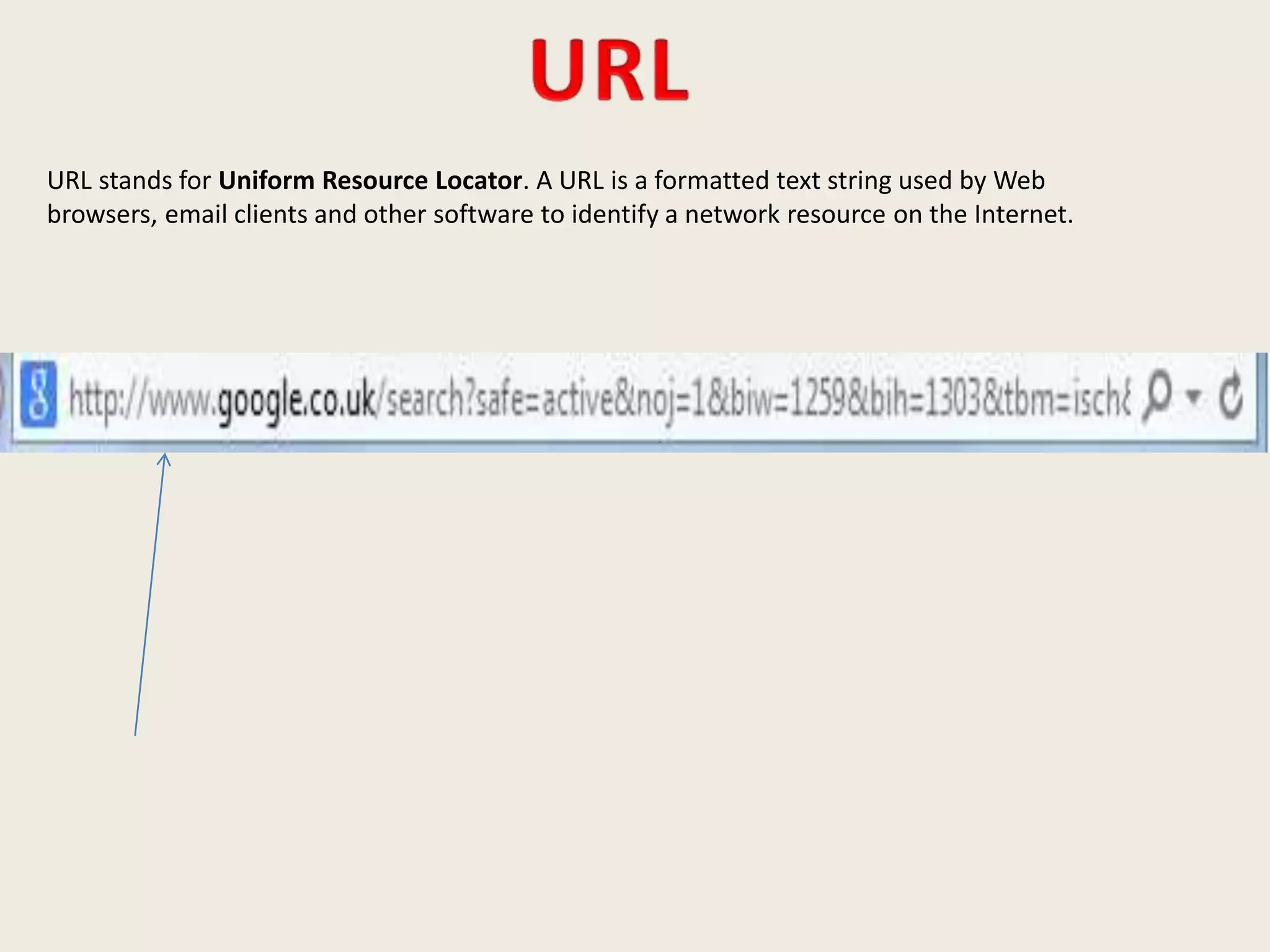 URL stands for Uniform Resource Locator. A URL is a formatted text string used by Web
browsers, email clients and other software to identify a network resource on the Internet.
 