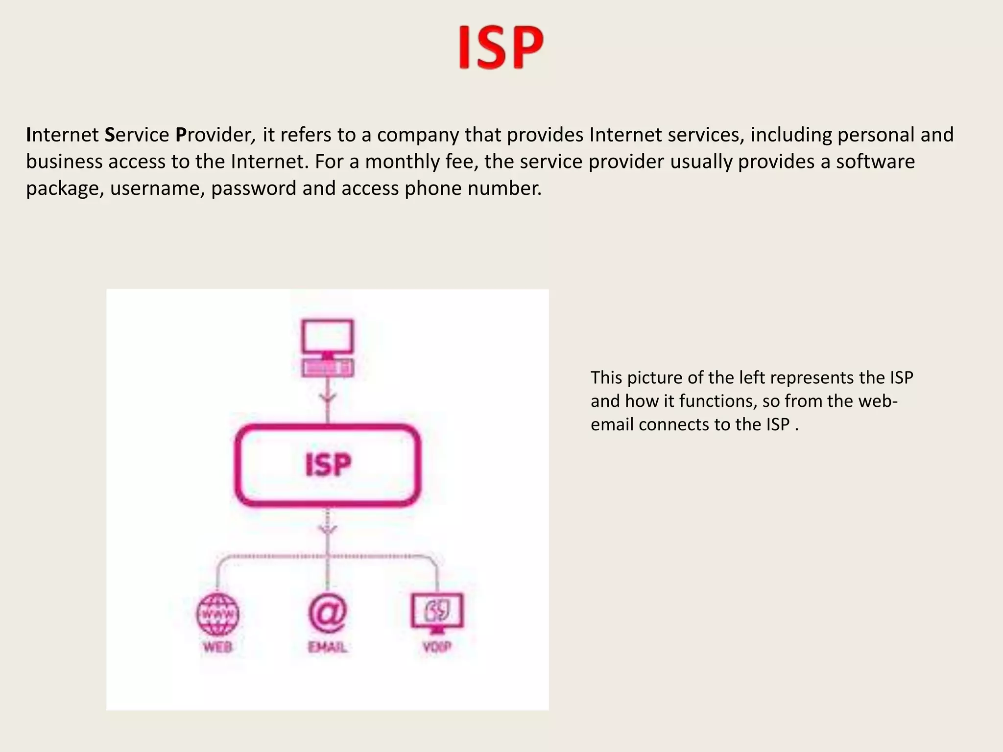 Internet Service Provider, it refers to a company that provides Internet services, including personal and
business access to the Internet. For a monthly fee, the service provider usually provides a software
package, username, password and access phone number.
This picture of the left represents the ISP
and how it functions, so from the web-
email connects to the ISP .
 