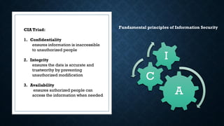A
C
I
CIA Triad:
1. Confidentiality
ensures information is inaccessible
to unauthorized people
2. Integrity
ensures the data is accurate and
trustworthy by preventing
unauthorized modification
3. Availability
ensures authorized people can
access the information when needed
Fundamental principles of Information Security
 