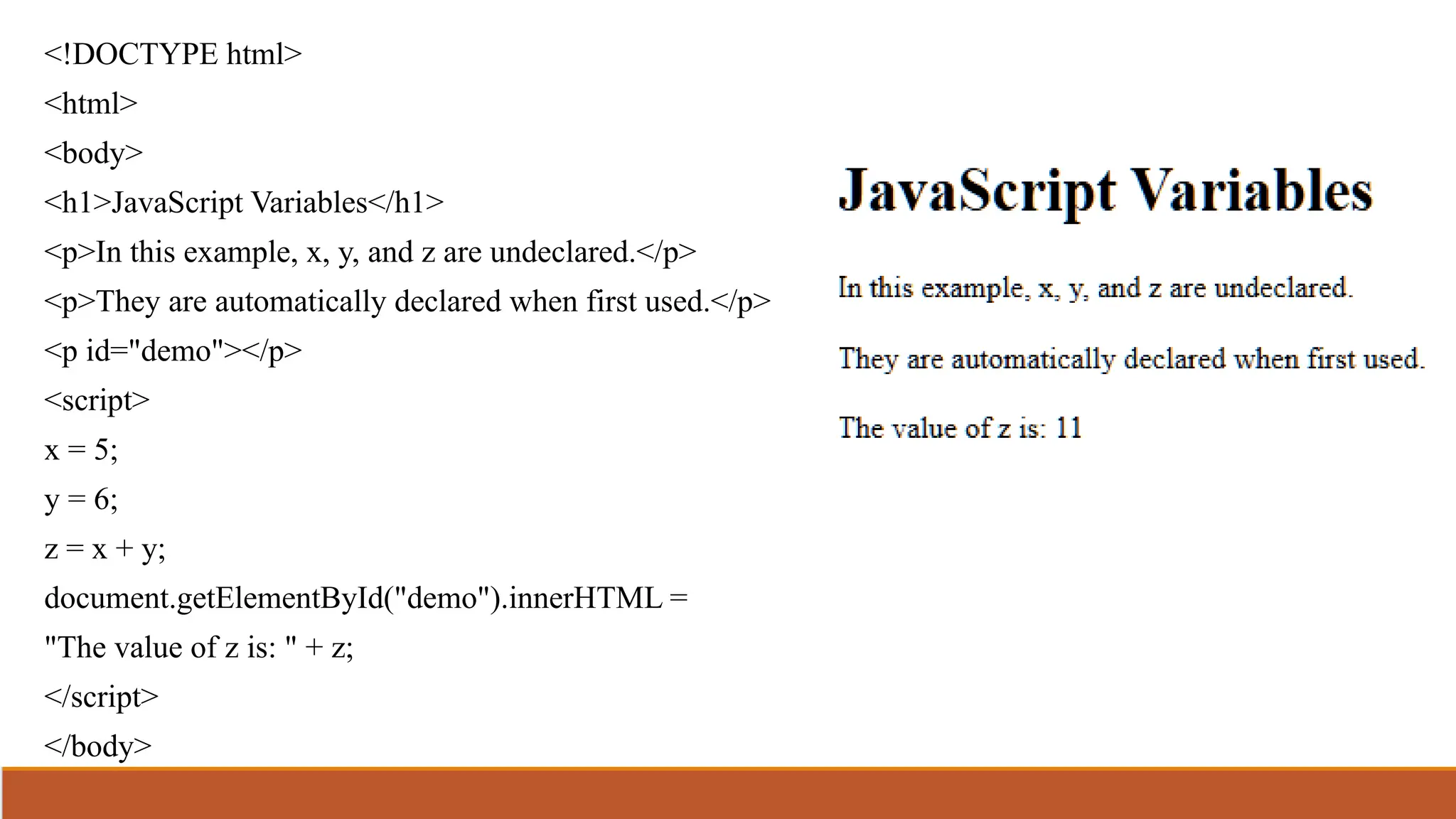 <!DOCTYPE html>
<html>
<body>
<h1>JavaScript Variables</h1>
<p>In this example, x, y, and z are undeclared.</p>
<p>They are automatically declared when first used.</p>
<p id="demo"></p>
<script>
x = 5;
y = 6;
z = x + y;
document.getElementById("demo").innerHTML =
"The value of z is: " + z;
</script>
</body>
</html>
 
