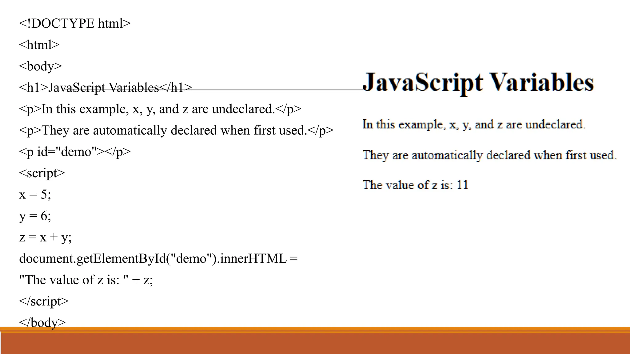 <!DOCTYPE html>
<html>
<body>
<h1>JavaScript Variables</h1>
<p>In this example, x, y, and z are undeclared.</p>
<p>They are automatically declared when first used.</p>
<p id="demo"></p>
<script>
x = 5;
y = 6;
z = x + y;
document.getElementById("demo").innerHTML =
"The value of z is: " + z;
</script>
</body>
</html>
 