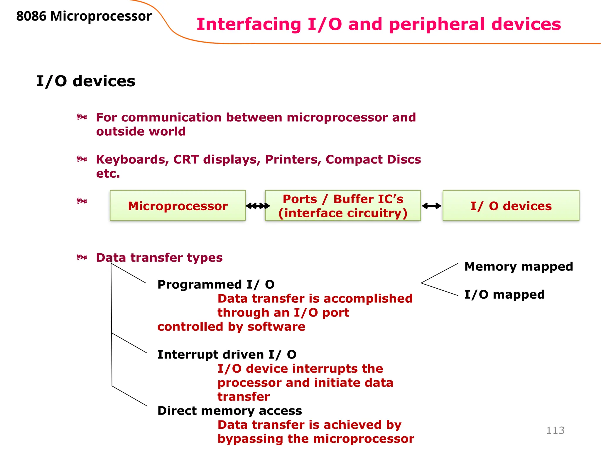 113
Interfacing I/O and peripheral devices
8086 Microprocessor
I/O devices
 For communication between microprocessor and
outside world
 Keyboards, CRT displays, Printers, Compact Discs
etc.

 Data transfer types
Microprocessor I/ O devices
Ports / Buffer IC’s
(interface circuitry)
Programmed I/ O
Data transfer is accomplished
through an I/O port
controlled by software
Interrupt driven I/ O
I/O device interrupts the
processor and initiate data
transfer
Direct memory access
Data transfer is achieved by
bypassing the microprocessor
Memory mapped
I/O mapped
 