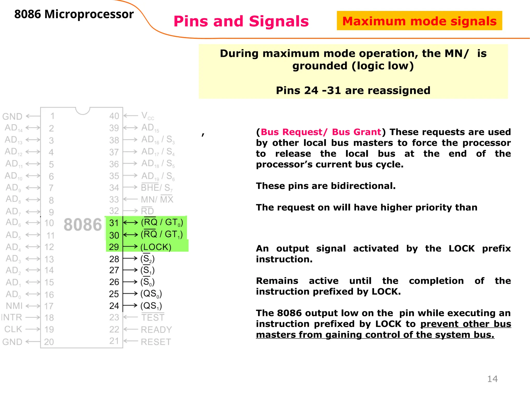 14
Pins and Signals
8086 Microprocessor
During maximum mode operation, the MN/ is
grounded (logic low)
Pins 24 -31 are reassigned
, (Bus Request/ Bus Grant) These requests are used
by other local bus masters to force the processor
to release the local bus at the end of the
processor’s current bus cycle.
These pins are bidirectional.
The request on will have higher priority than
An output signal activated by the LOCK prefix
instruction.
Remains active until the completion of the
instruction prefixed by LOCK.
The 8086 output low on the pin while executing an
instruction prefixed by LOCK to prevent other bus
masters from gaining control of the system bus.
Maximum mode signals
 