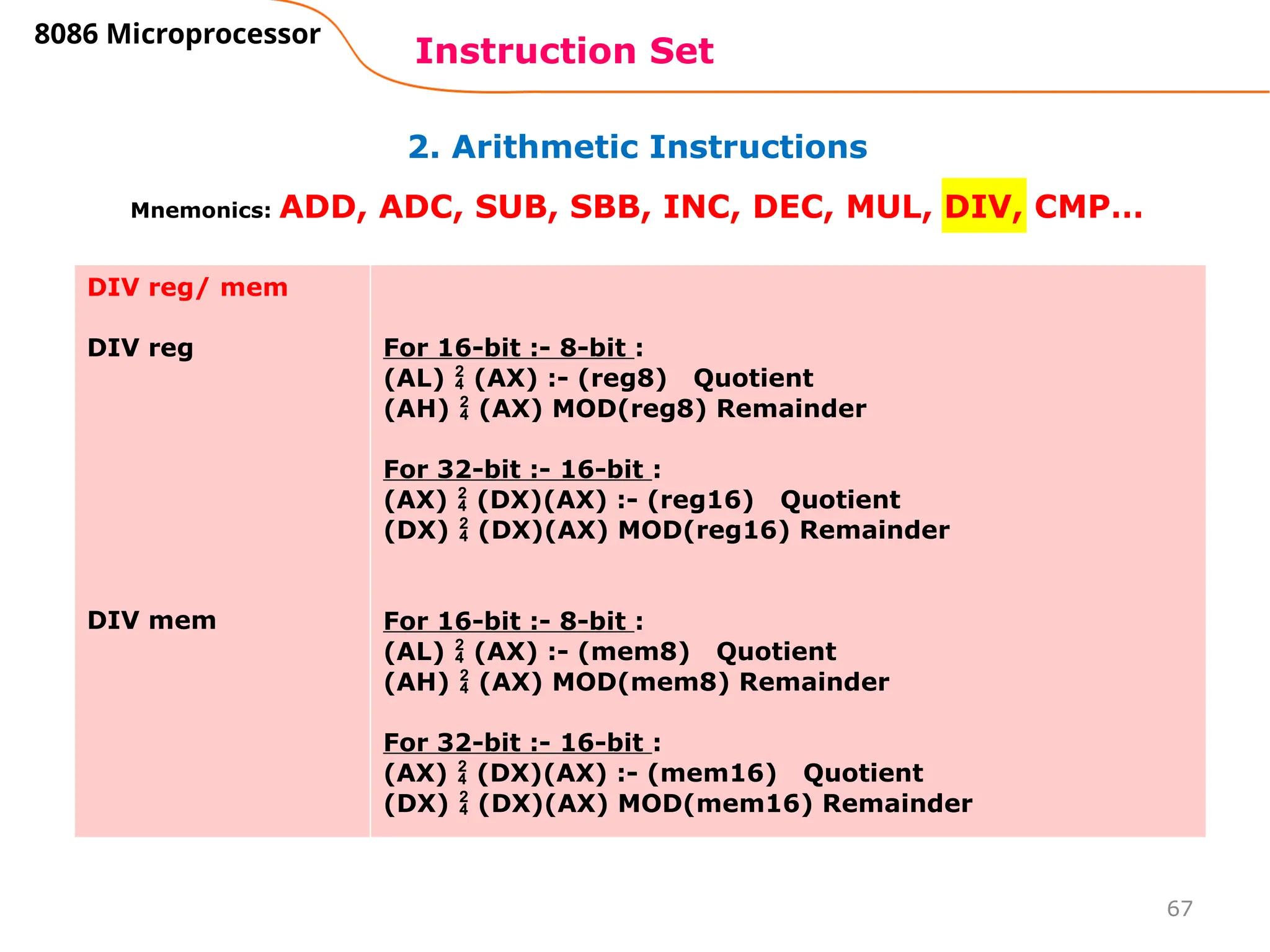 67
2. Arithmetic Instructions
Instruction Set
8086 Microprocessor
Mnemonics: ADD, ADC, SUB, SBB, INC, DEC, MUL, DIV, CMP…
DIV reg/ mem
DIV reg
DIV mem
For 16-bit :- 8-bit :
(AL)  (AX) :- (reg8) Quotient
(AH)  (AX) MOD(reg8) Remainder
For 32-bit :- 16-bit :
(AX)  (DX)(AX) :- (reg16) Quotient
(DX)  (DX)(AX) MOD(reg16) Remainder
For 16-bit :- 8-bit :
(AL)  (AX) :- (mem8) Quotient
(AH)  (AX) MOD(mem8) Remainder
For 32-bit :- 16-bit :
(AX)  (DX)(AX) :- (mem16) Quotient
(DX)  (DX)(AX) MOD(mem16) Remainder
 