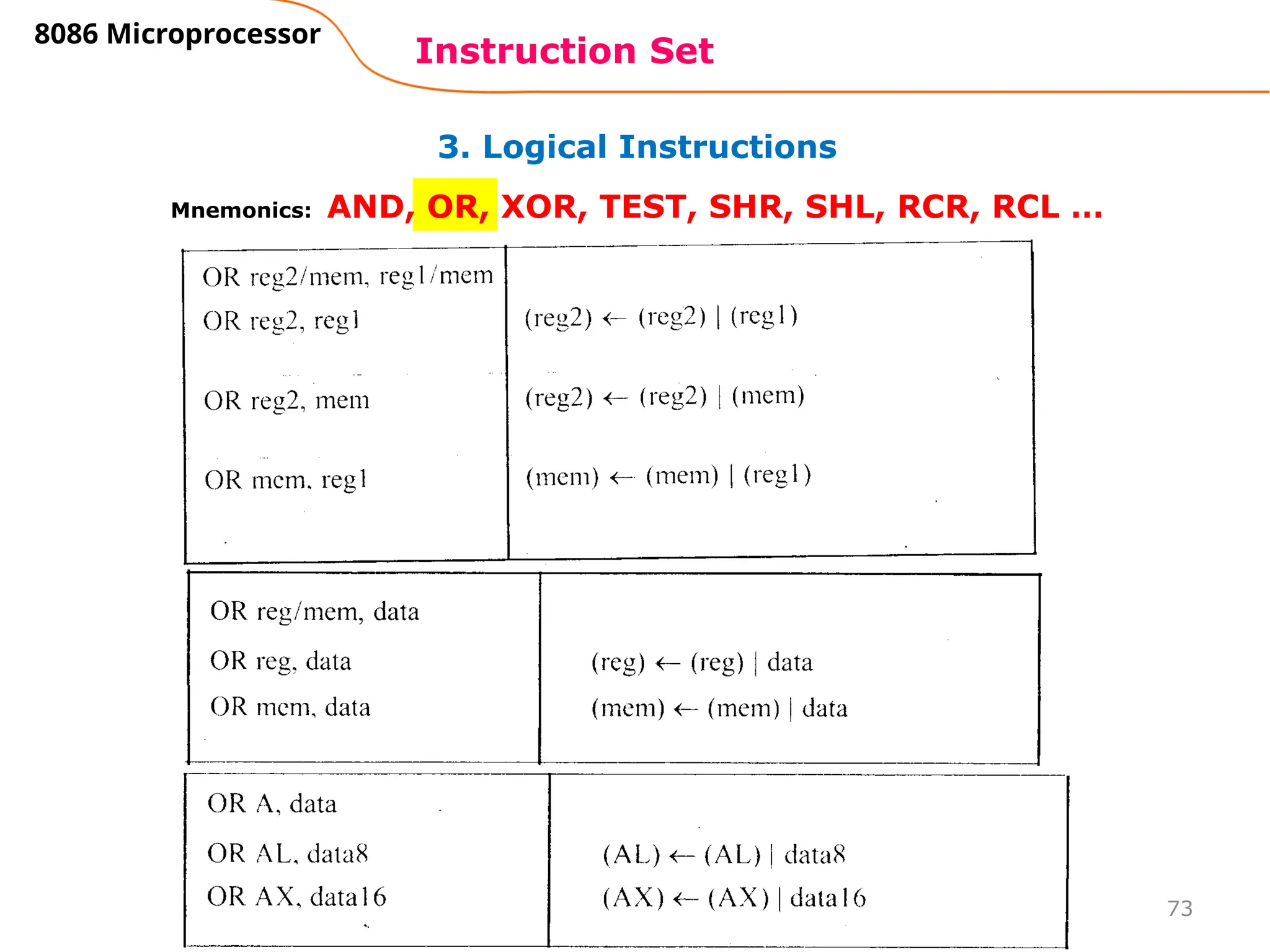 73
3. Logical Instructions
Instruction Set
8086 Microprocessor
Mnemonics: AND, OR, XOR, TEST, SHR, SHL, RCR, RCL …
 