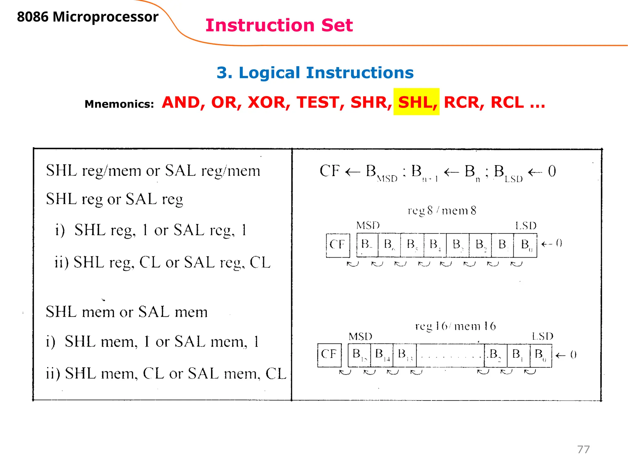 77
3. Logical Instructions
Instruction Set
8086 Microprocessor
Mnemonics: AND, OR, XOR, TEST, SHR, SHL, RCR, RCL …
 