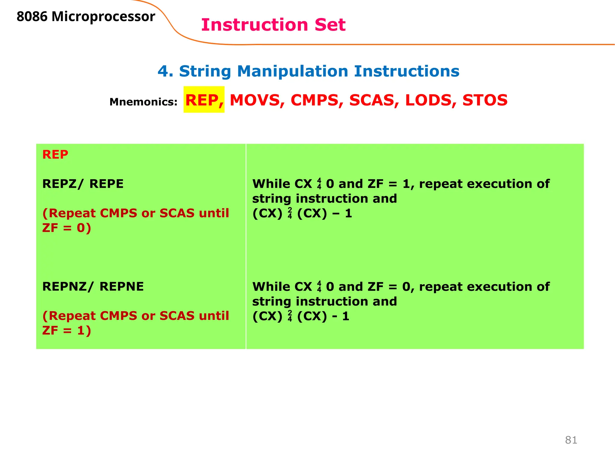 81
4. String Manipulation Instructions
Instruction Set
8086 Microprocessor
Mnemonics: REP, MOVS, CMPS, SCAS, LODS, STOS
REP
REPZ/ REPE
(Repeat CMPS or SCAS until
ZF = 0)
REPNZ/ REPNE
(Repeat CMPS or SCAS until
ZF = 1)
While CX  0 and ZF = 1, repeat execution of
string instruction and
(CX)  (CX) – 1
While CX  0 and ZF = 0, repeat execution of
string instruction and
(CX)  (CX) - 1
 